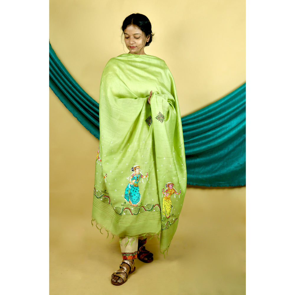 Green - Pattachitra "Nratya" Handpainted Munga Silk Dupatta