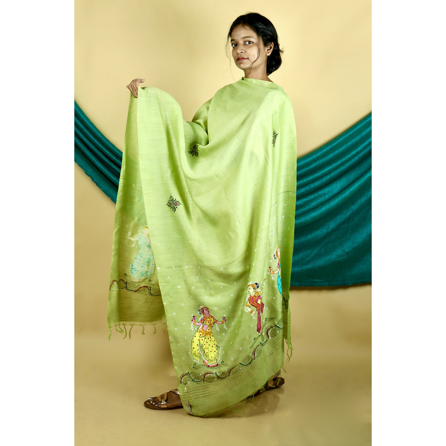 Green - Pattachitra "Nratya" Handpainted Munga Silk Dupatta