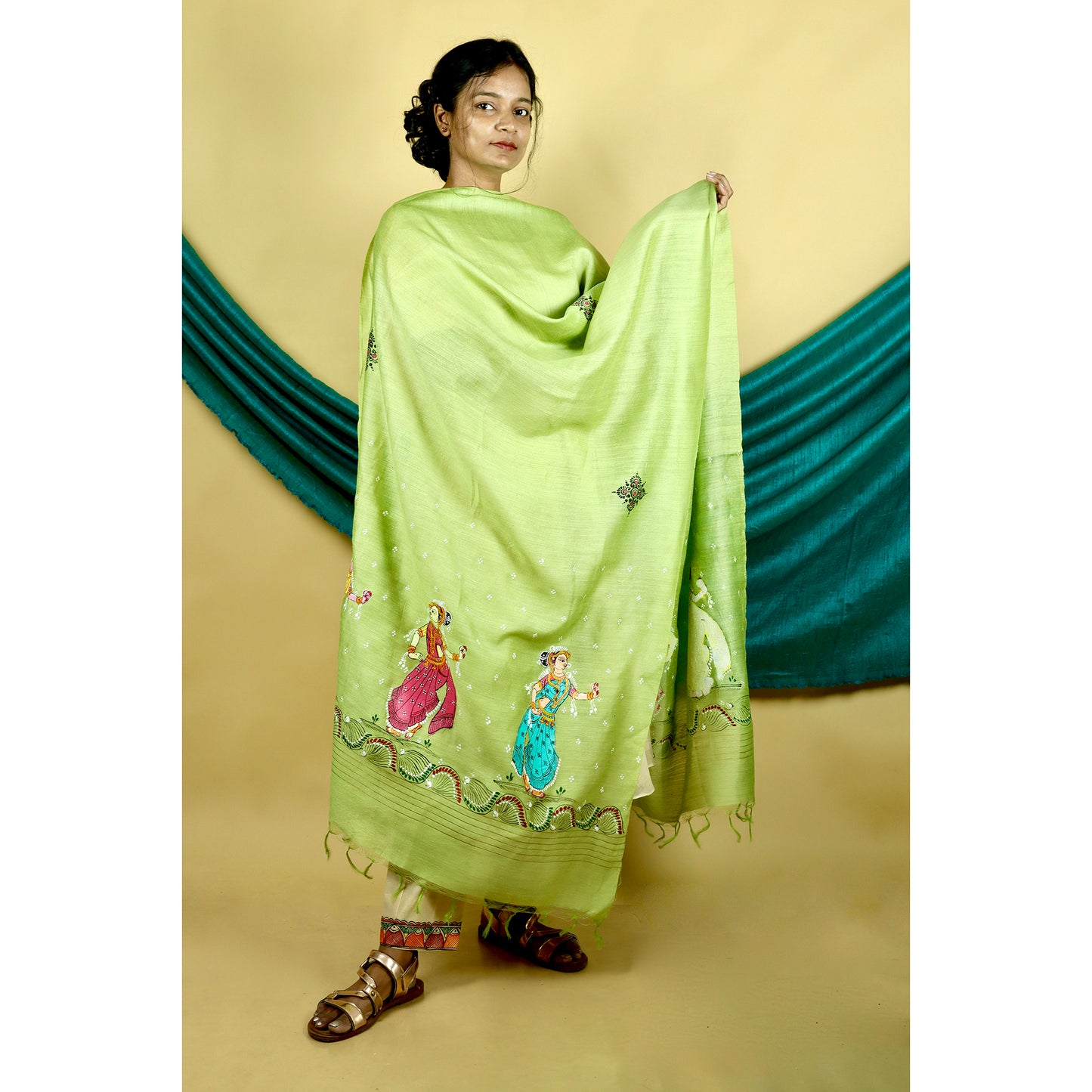 Green - Pattachitra "Nratya" Handpainted Munga Silk Dupatta