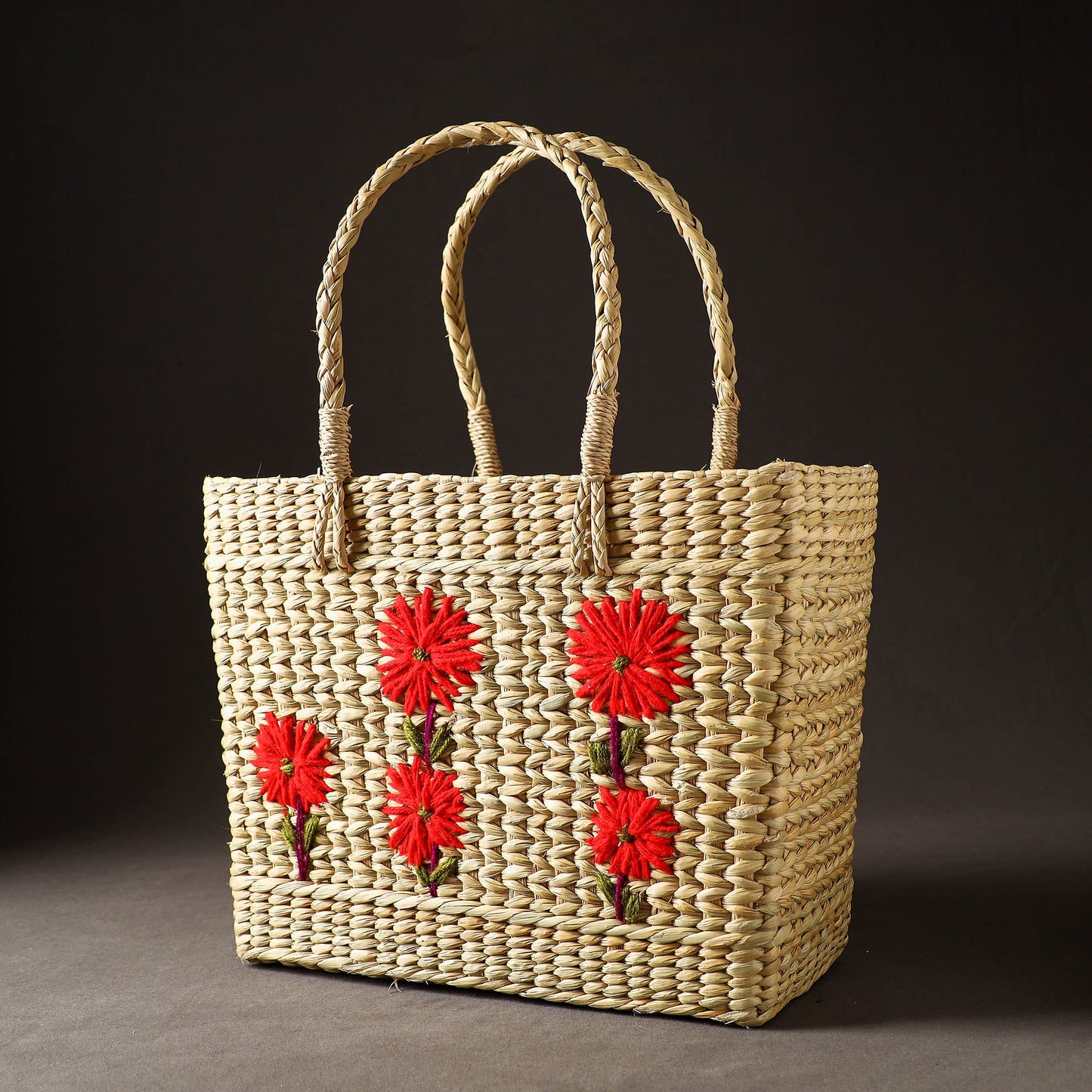 Handcrafted Natural Water Reed Embroidered Shopping Bag