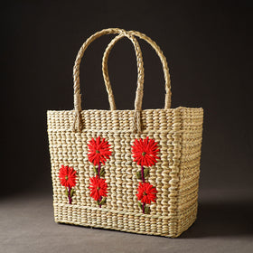 Beige Handcrafted Natural Water Reed Embroidered Shopping Bag