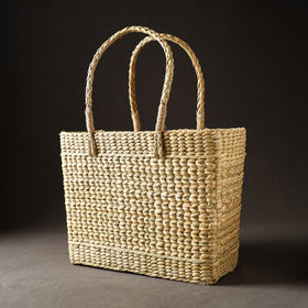 Beige Handcrafted Natural Water Reed Embroidered Shopping Bag