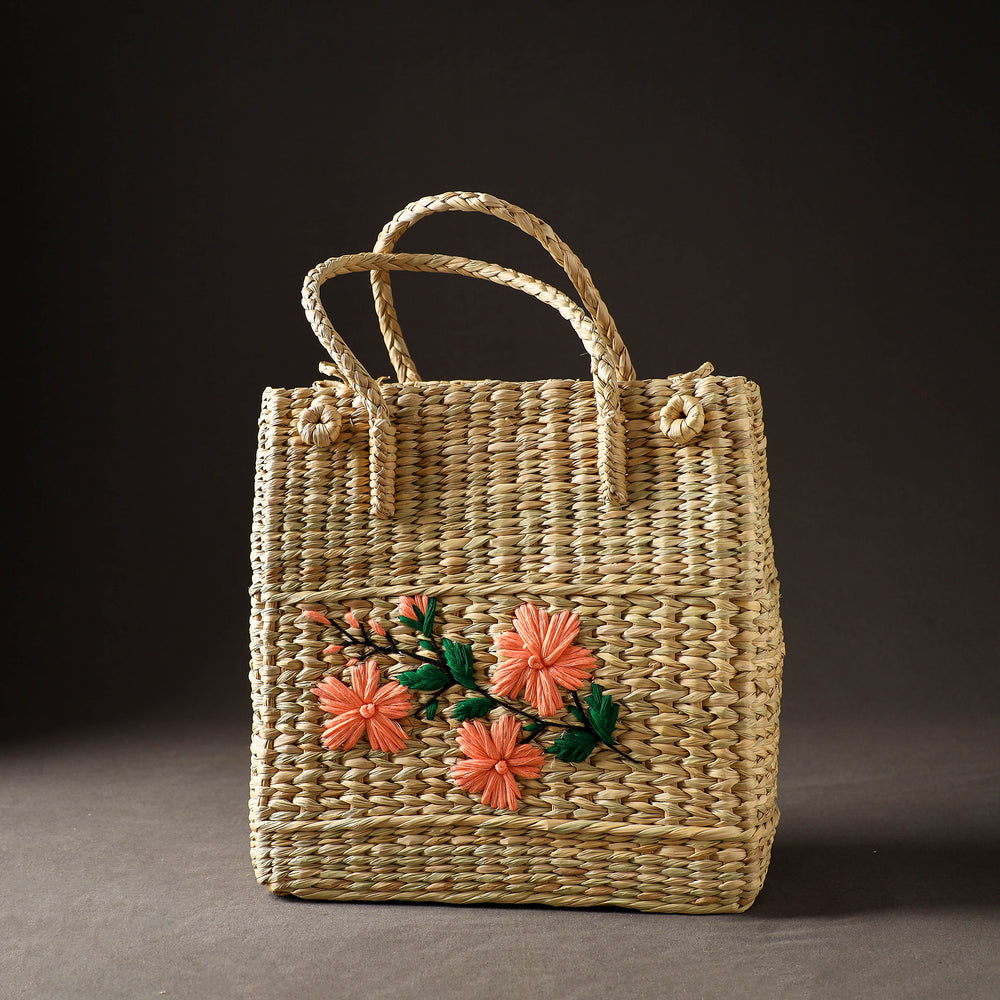 Beige - Handcrafted Natural Water Reed Embroidered Shopping Bag