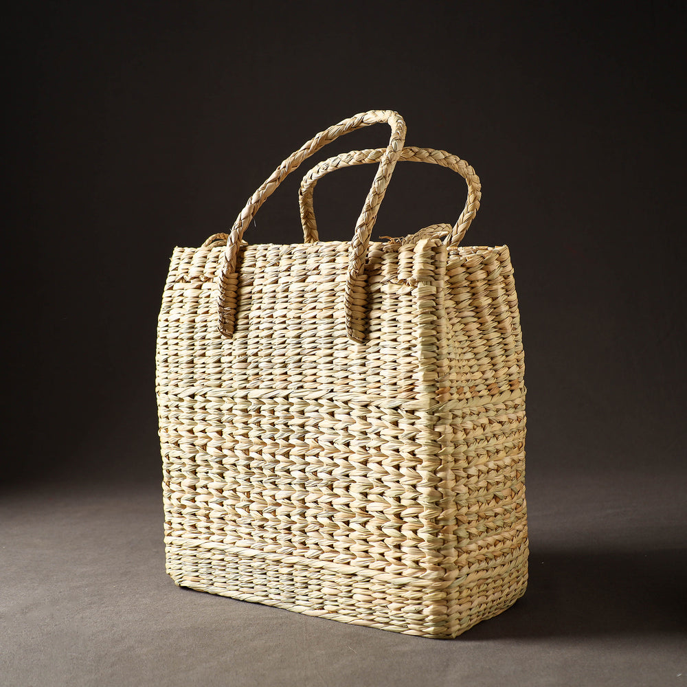 Beige - Handcrafted Natural Water Reed Embroidered Shopping Bag