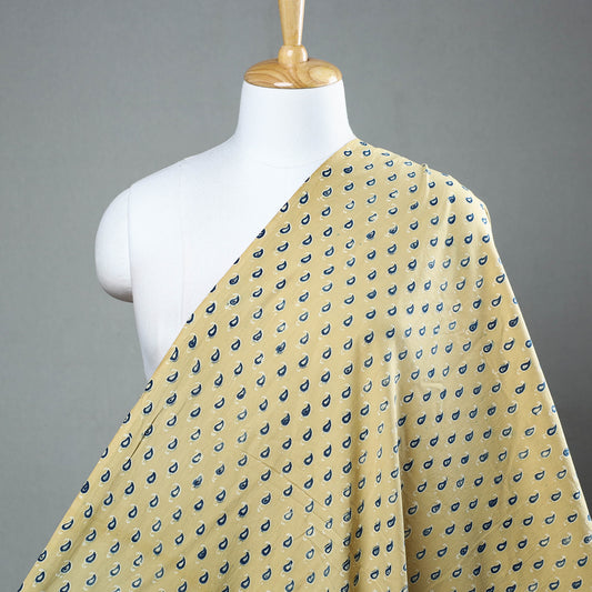Indigo Paisley Bootis On Yellow Ajrakh Block Printed Cotton Fabric