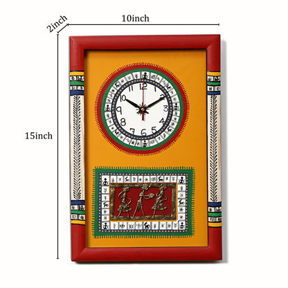 Wall Clock Handcrafted Warli/Dhokra Art Yellow Dial with Glass Frame (10x15)
