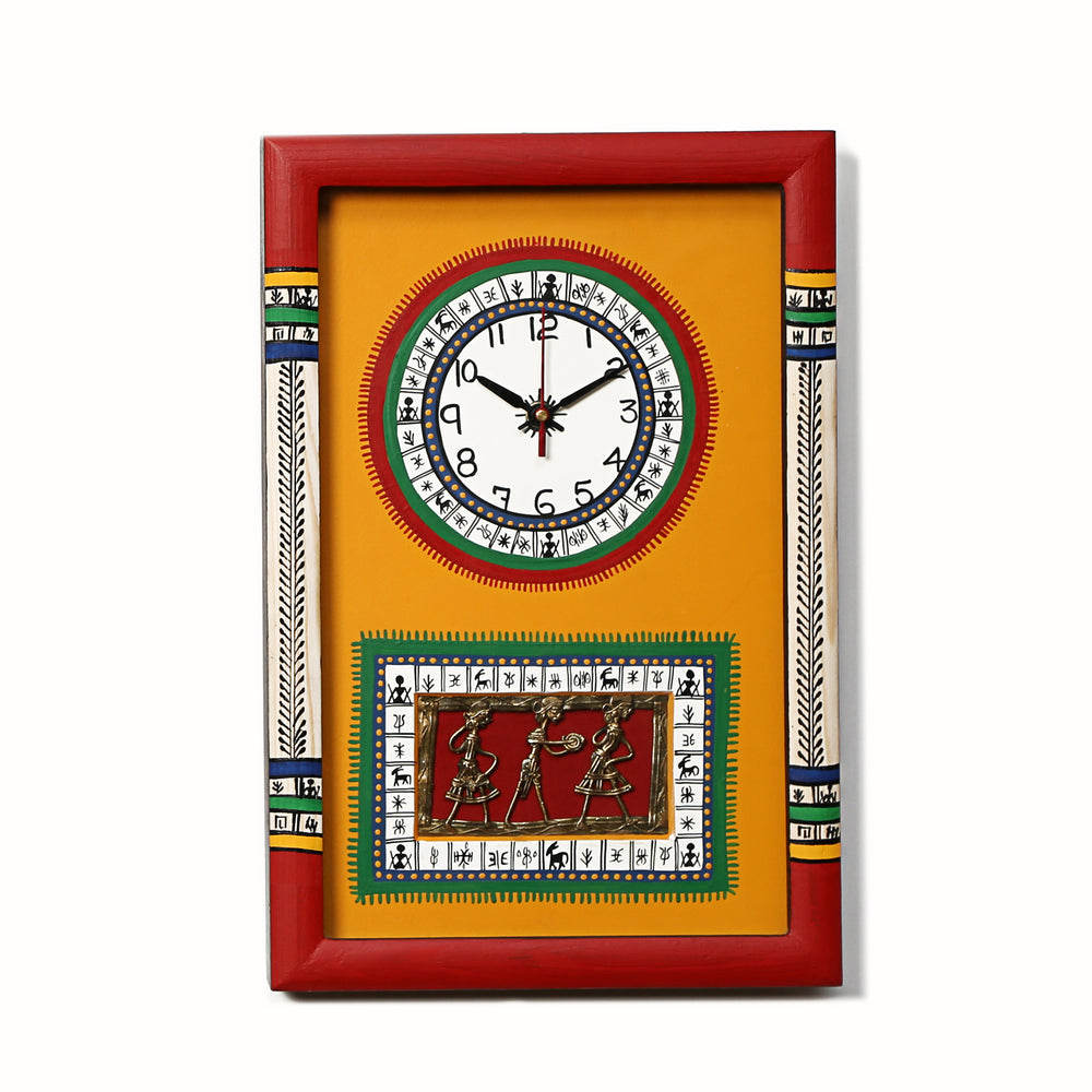 Wall Clock Handcrafted Warli/Dhokra Art Yellow Dial with Glass Frame (10x15)