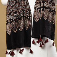 Black - Ajrakh Block Printed Mul Cotton Stole with Tassels