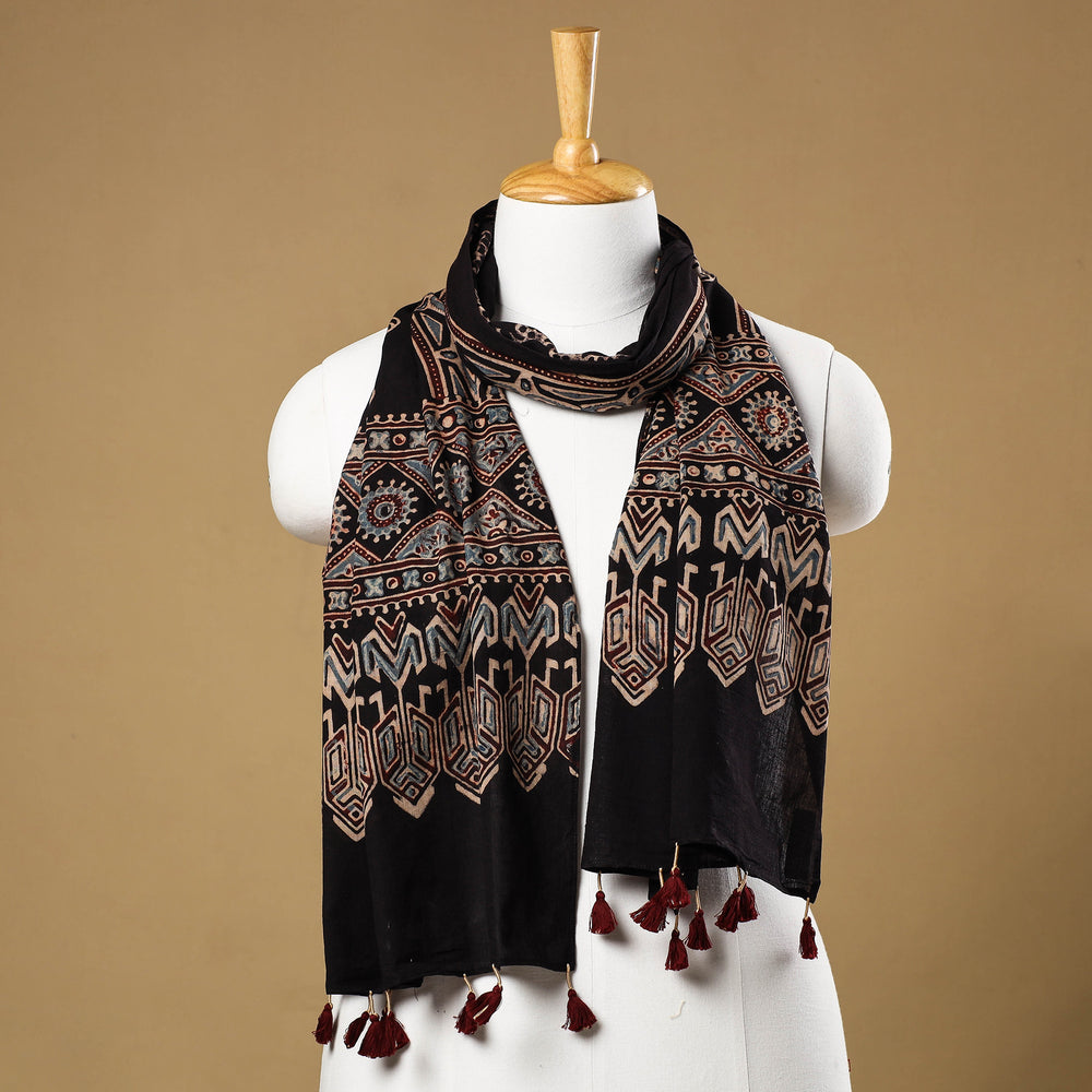 Black - Ajrakh Block Printed Mul Cotton Stole with Tassels