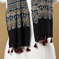 Black - Ajrakh Block Printed Mul Cotton Stole with Tassels