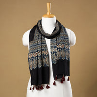 Black - Ajrakh Block Printed Mul Cotton Stole with Tassels