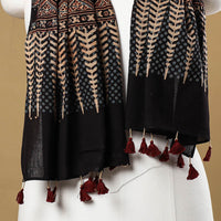 Black - Ajrakh Block Printed Mul Cotton Stole with Tassels