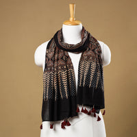 Black - Ajrakh Block Printed Mul Cotton Stole with Tassels