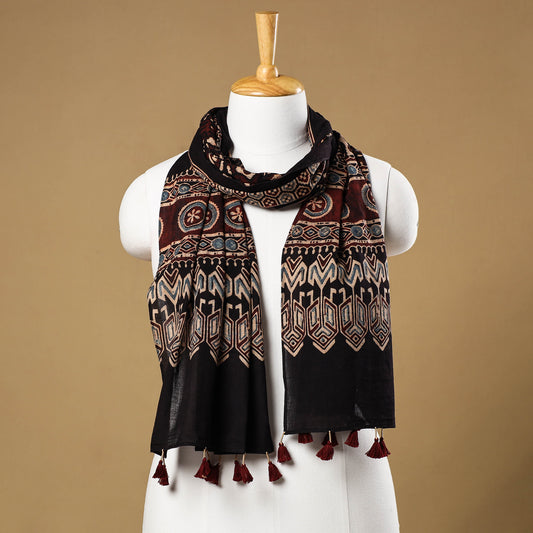 Multicolor - Ajrakh Block Printed Mul Cotton Stole with Tassels