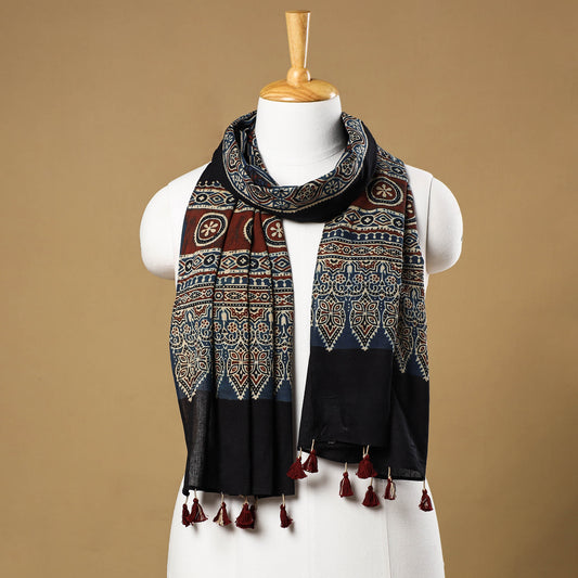 Blue - Ajrakh Block Printed Mul Cotton Stole with Tassels