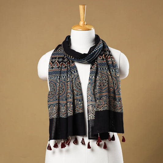 Blue - Ajrakh Block Printed Mul Cotton Stole with Tassels