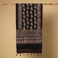 Black - Ajrakh Block Printed Mul Cotton Stole with Tassels