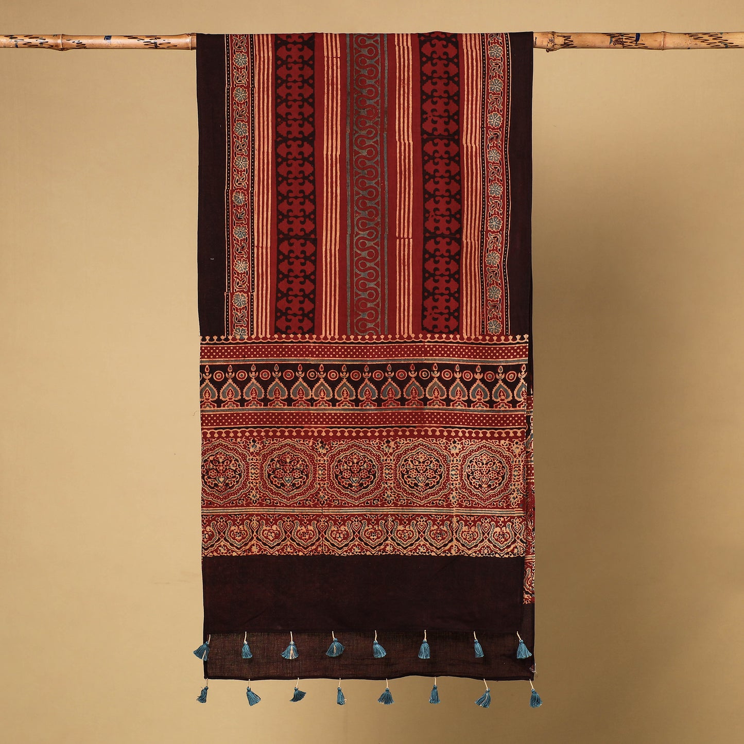 Black - Ajrakh Block Printed Mul Cotton Stole with Tassels