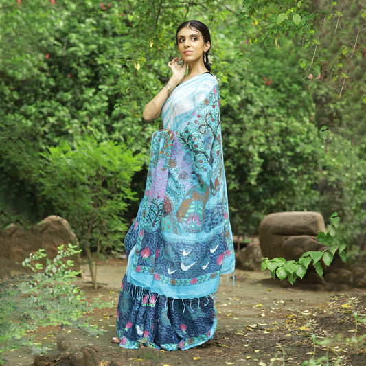 Madhubani Shibori Sky Blue Hand-Painted Linen Saree