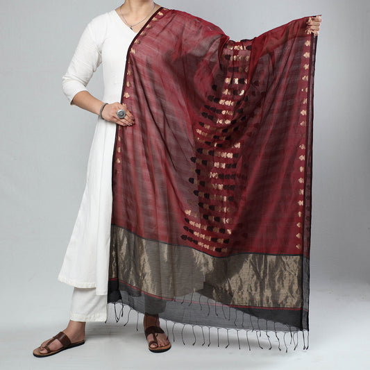 Maroon - Traditional Chanderi Silk Handloom Zari Buti Dupatta with Tassels