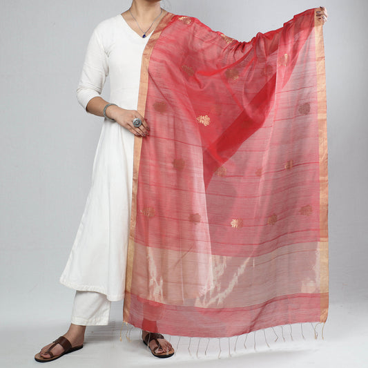 Red - Traditional Chanderi Silk Handloom Zari Buti Dupatta with Tassels