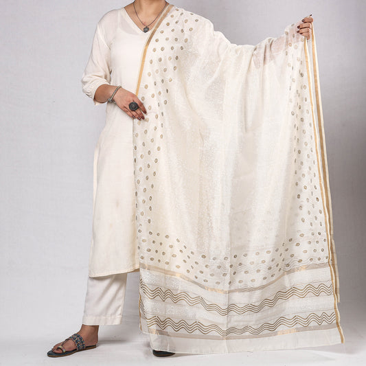 White - Traditional Chanderi Silk Handloom Multi Zari Buti Dupatta