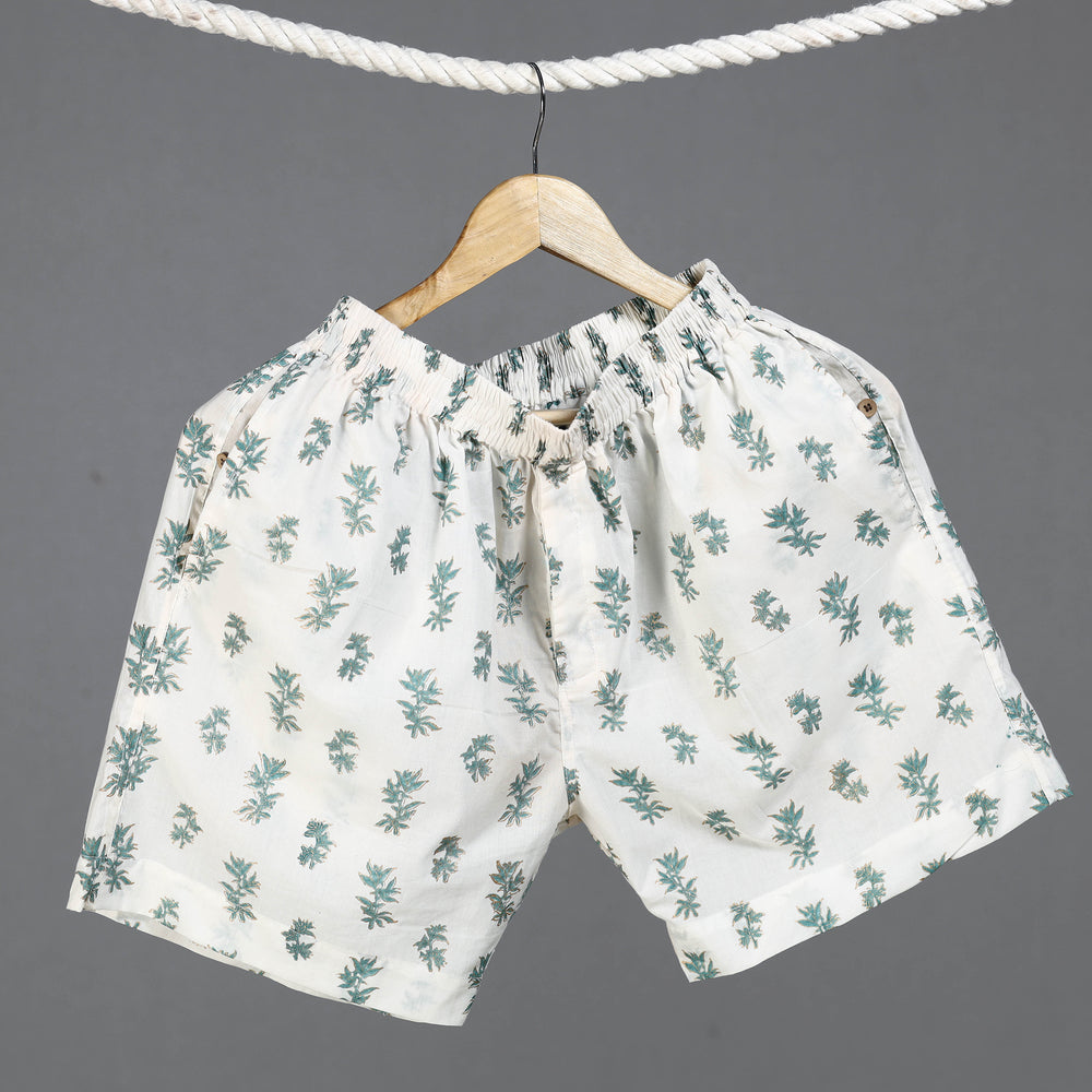 White - Sanganeri Block Printed Cotton Unisex Boxer/Shorts