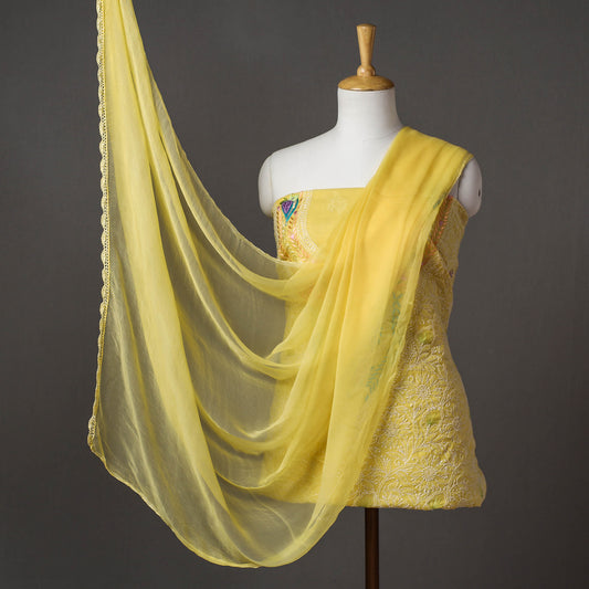 Yellow - 3pc Lucknow Chikankari with Parsi Style Hand Embroidery Cotton Suit Material Set