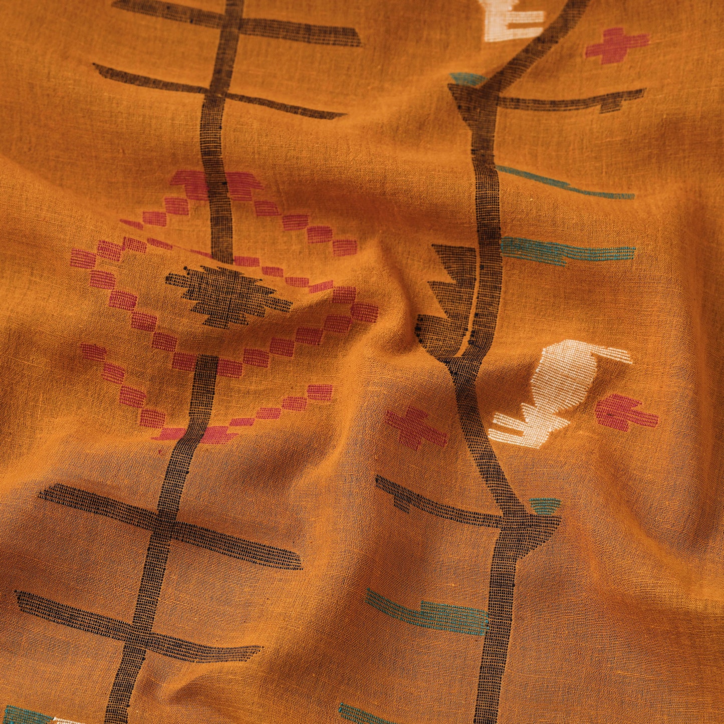 Orange - Bengal Jamdani Buti Handloom Cotton Fabric