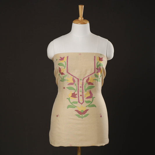 Yellow - Phulia Jamdani Weave Handloom Silk Cotton Kurti Material - 2.6 meter