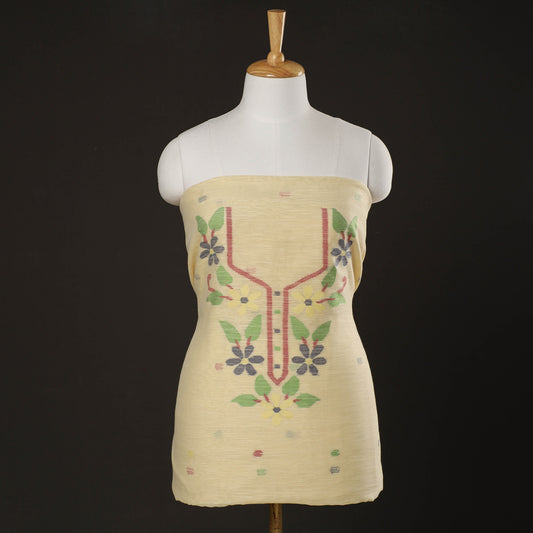 Yellow - Phulia Jamdani Weave Handloom Silk Cotton Kurti Material - 2.5 meter