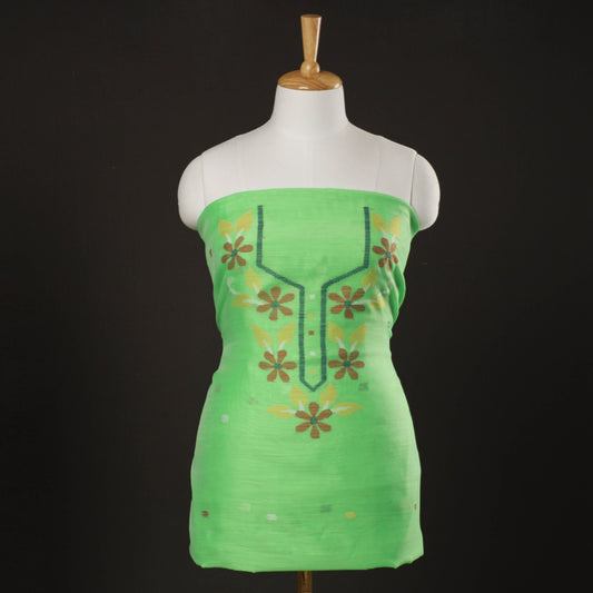 Green - Phulia Jamdani Weave Handloom Silk Cotton Kurti Material - 2.55 meter