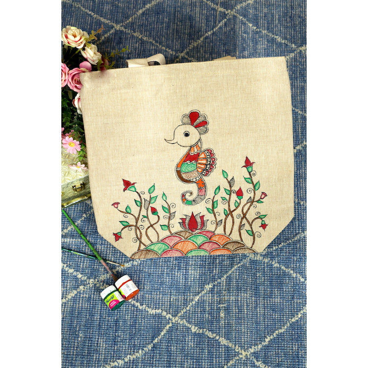 Beige - Artisan Elegance Handpainted Cotton Jute Tote Bag