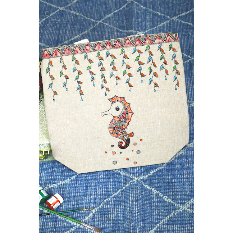 Beige - Madhubani Muse Handpainted Cotton Jute Tote Bag