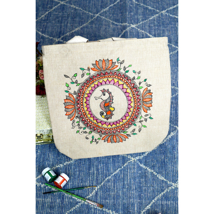 Beige - Storyteller's Handpainted Cotton Jute Tote Bag