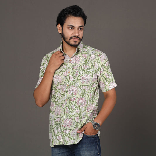 Green - Men Sanganeri Block Printed Cotton Half Sleeve Shirt