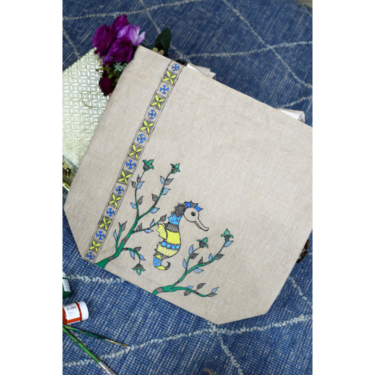 Beige - Storyteller's Handpainted Cotton Jute Tote Bag