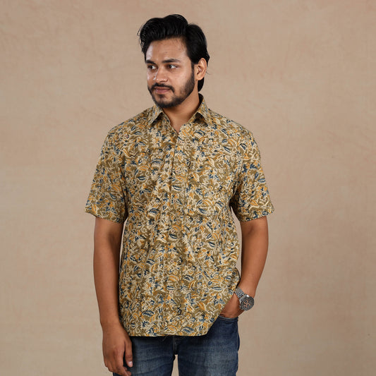 Brown - Men Kalamkari Block Printed Cotton Half Sleeve Shirt