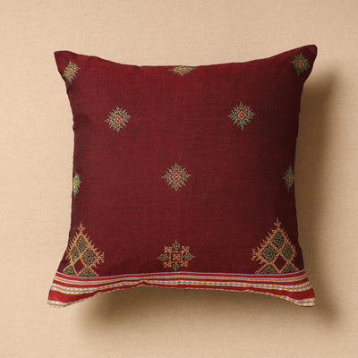 Maroon - Gavanti Kasuti Embroidery Cotton Cushion Cover (16 x 16 in)