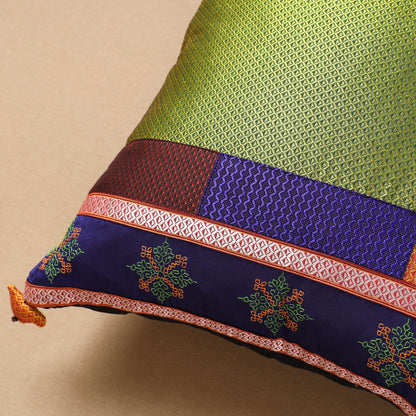 Green - Gavanti Kasuti Embroidery Khun Cotton Cushion Cover (16 x 16 in)