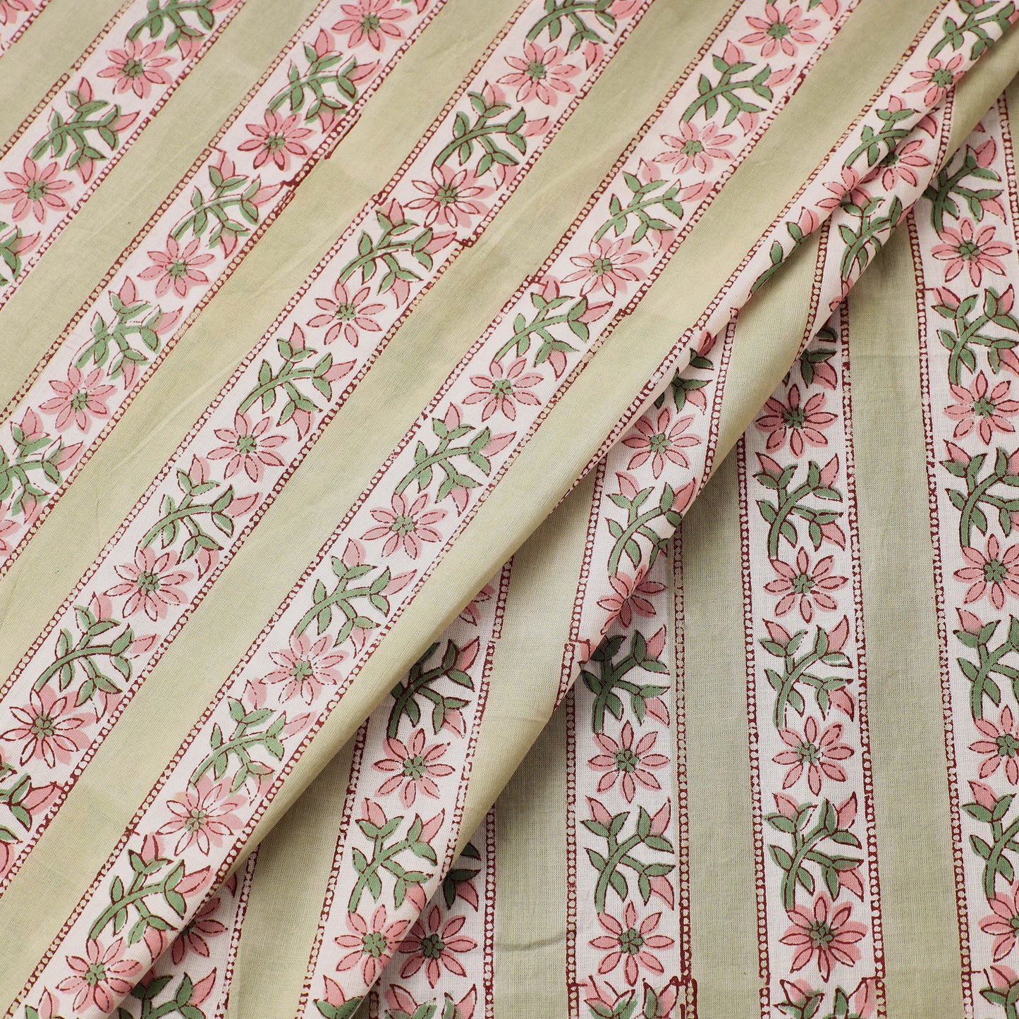 Green Floral Striped Sanganeri Block Printed Cotton Fabric