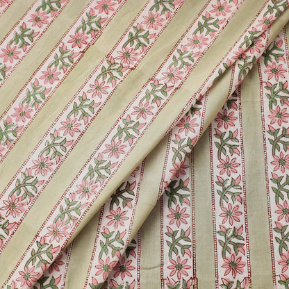 Green Floral Striped Sanganeri Block Printed Cotton Fabric
