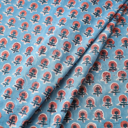 Orange Butti On Blue Sanganeri Block Printed Cotton Fabric