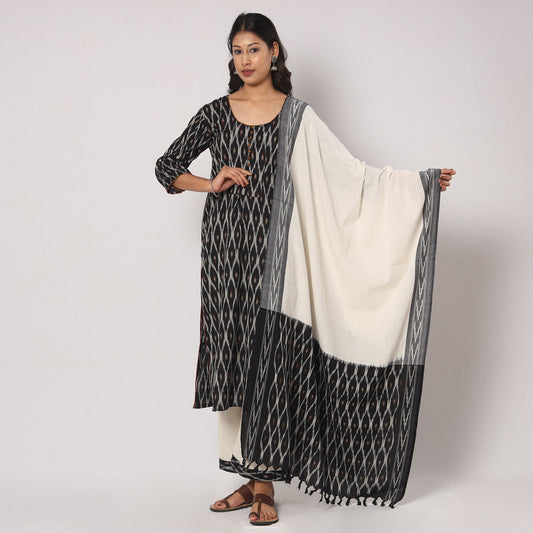 Black - Pochampally Ikat Weave Cotton Kurta with Palazzo & Dupatta Set