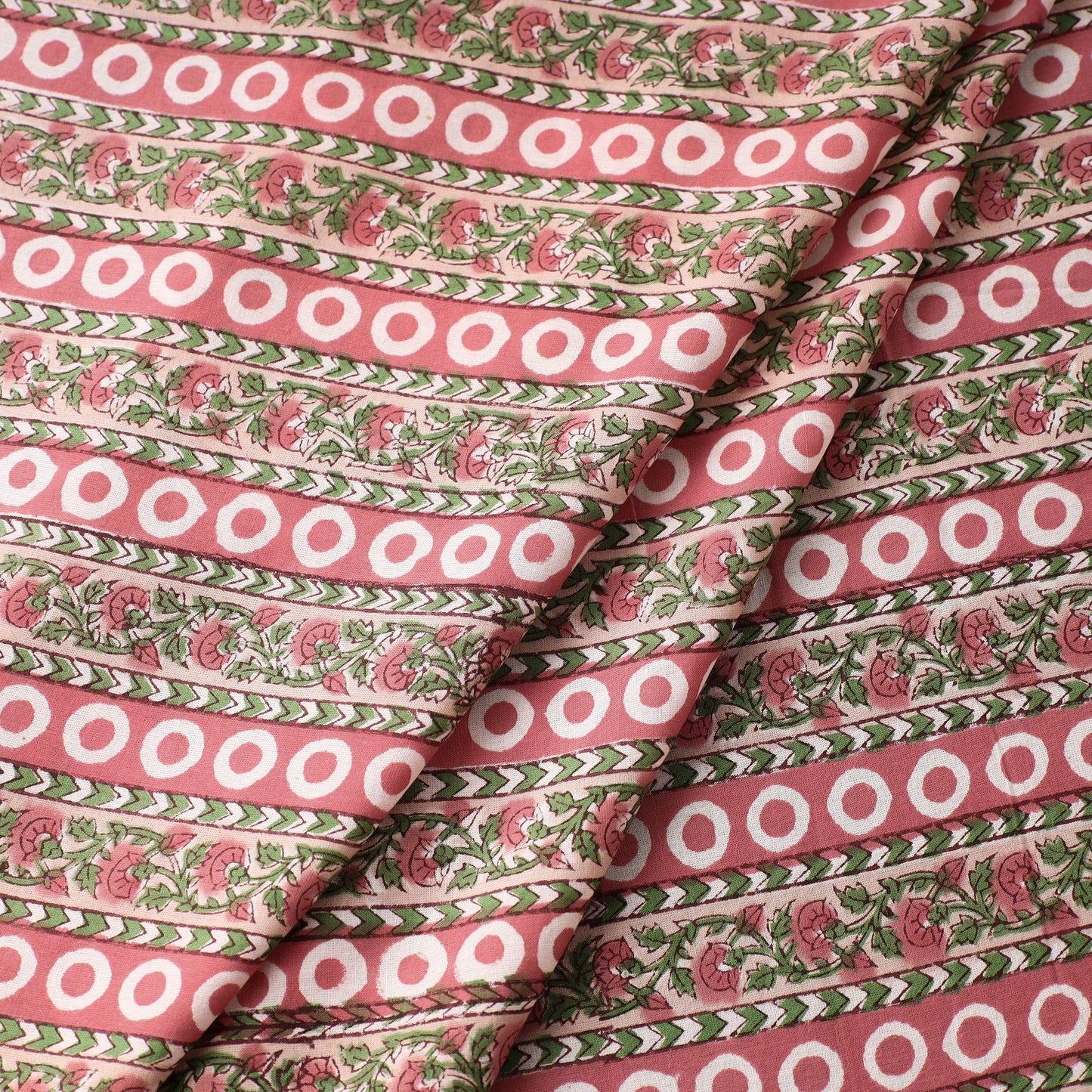 Bloom Flowers Stripes Pattern In Red & Green Sanganeri Block Printed Cotton Fabric