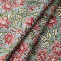 Blue - Magnolia Flower Cotton Sanganeri Print Fabric 03