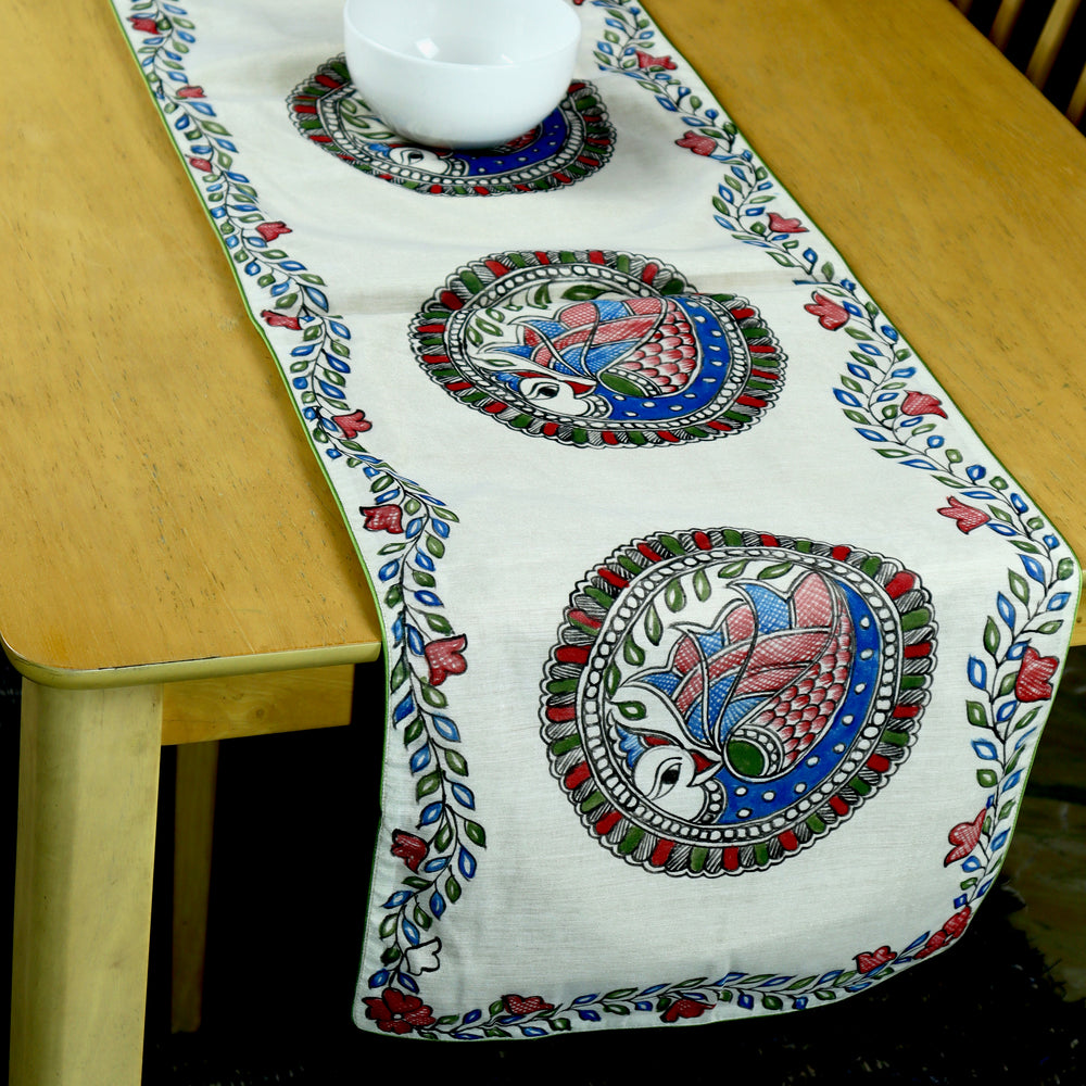 Madhubani Handpainted Chanderi Table Runner & Table Mats Set