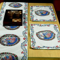 Madhubani Handpainted Chanderi Table Runner & Table Mats Set