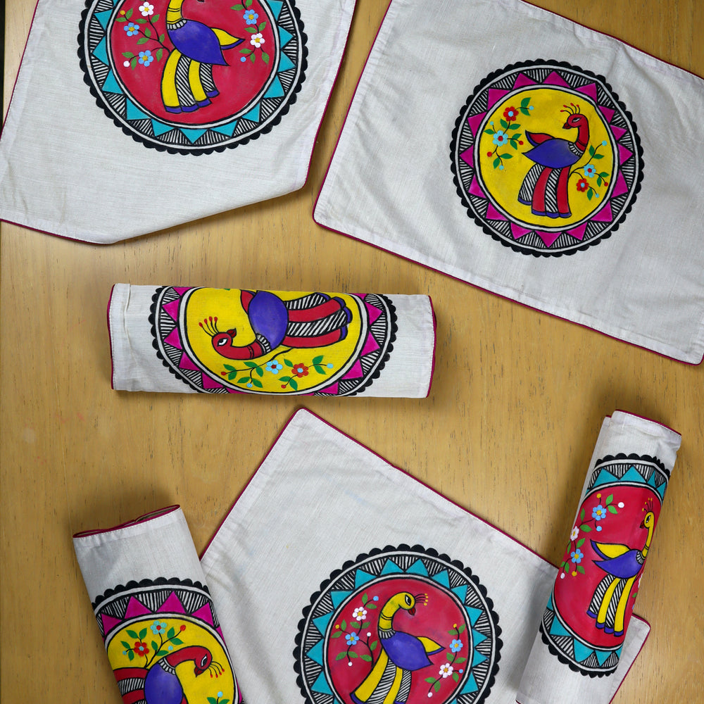 Madhubani Handpainted Chanderi Table Runner & Mats Set