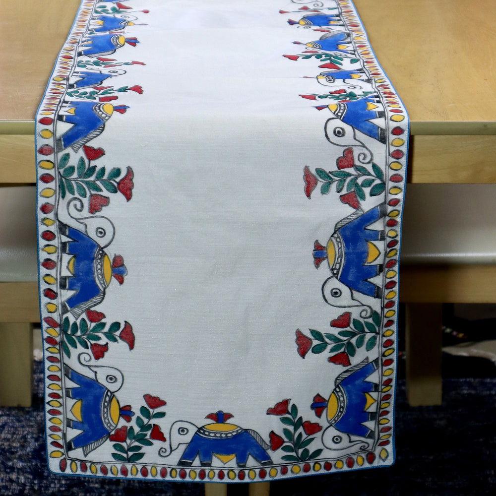 Madhubani Handpainted Chanderi Table Runner & Table Mats Set